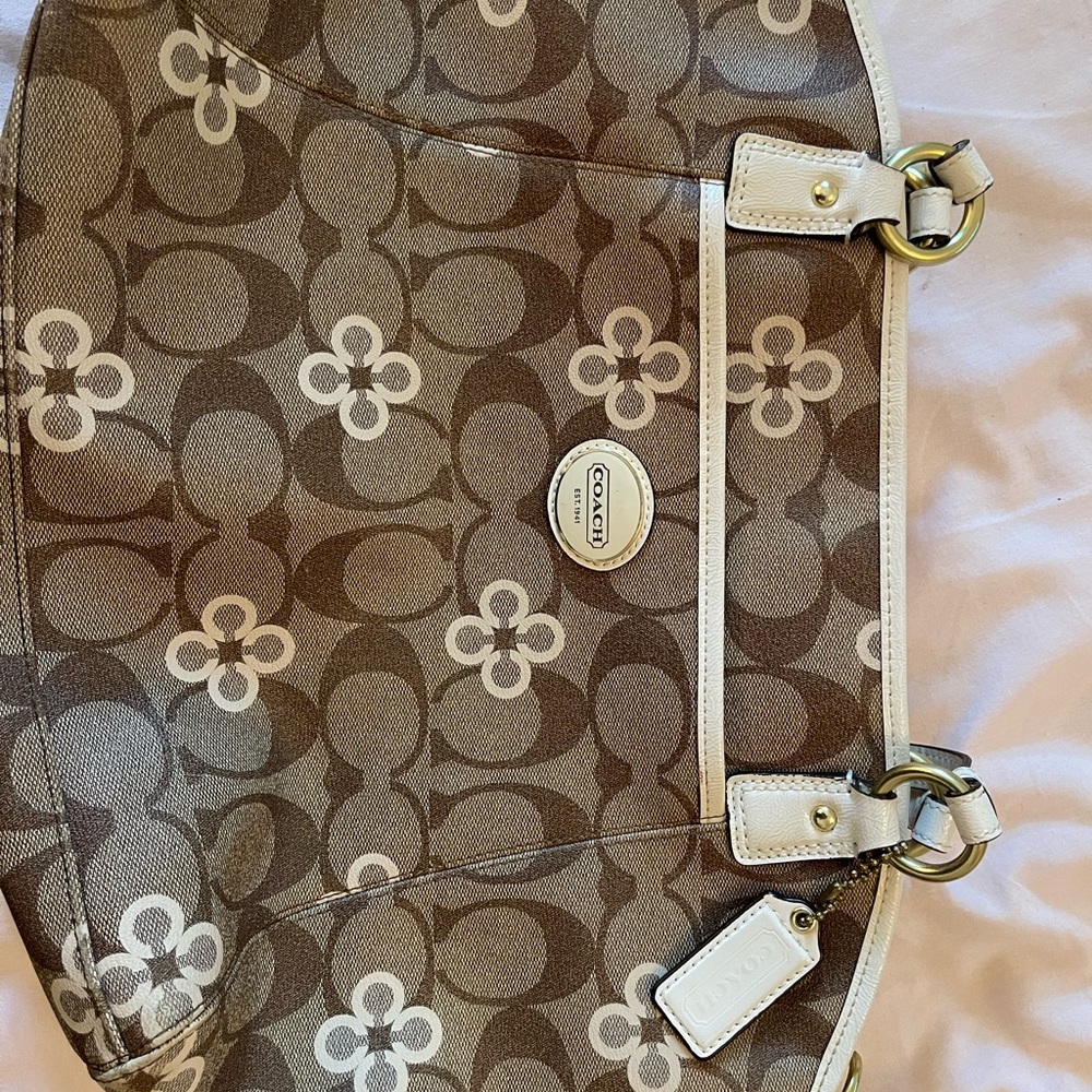 Coach Brown and Cream Shoulder Bag with Signature Monogram